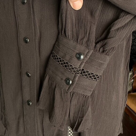 NWT CRUEL DENIM Crinkle Gauze Snap Shirt Crochet Western Prairie Romance Brown S - Picture 8 of 13